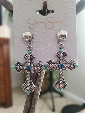 Jessica Simpson Silver Tone  Turquoise & Blue Crystal Cross Drop Earrings